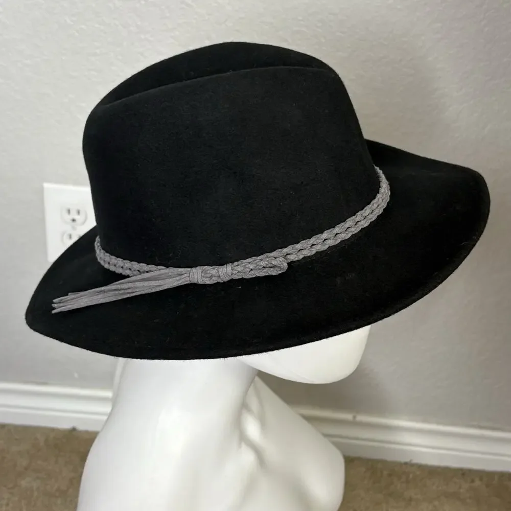Vintage Y2K Lucky Brand Wool Fedora Hat Braided Fringe Leather Band Black